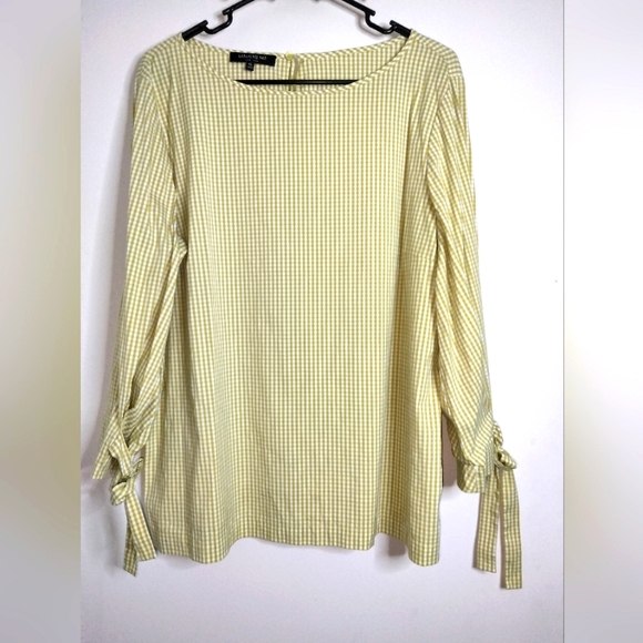Lafayette 148 New York (Size XL) Chartreuse & White Gingham LS Tie Cuff Blouse